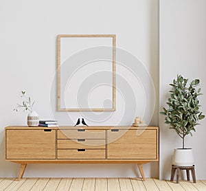 minimal style living room with wooden floor ,white wall,big couch,big window,carpet,wooden cabinet,frame for mockup