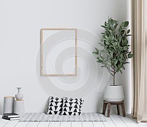 minimal style living room with wooden floor ,white wall,big couch,big window,carpet,wooden cabinet,frame for mockup