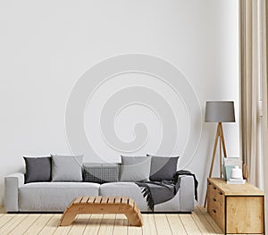 minimal style living room with wooden floor ,white wall,big grey couch sofa,big window,carpet,wooden cabinet