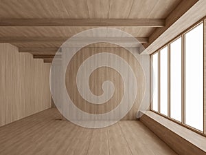 Minimal style modern contemporary empty room interior with all wooden material 3d render