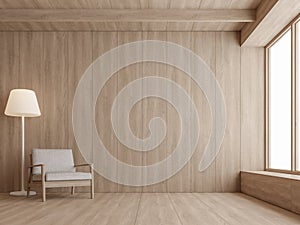 Minimal style modern contemporary living room interior with all wooden material 3d render