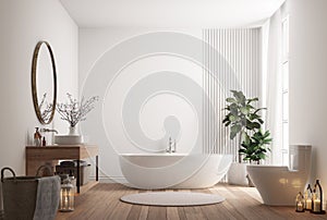 Minimal style modern contemporary white bright bathroom with natural light 3d render illustration