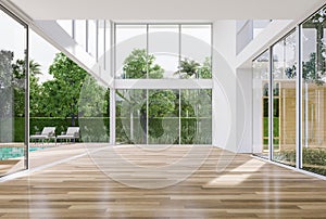 Minimal style modern grass house empty room with open sliding door to swiimming pool terrace 3d render