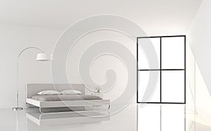 Minimal style modern white bedroom with gray fabric bed 3d render