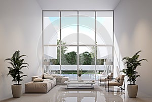 Minimal style modern white living room with swimming pool terrace 3d render