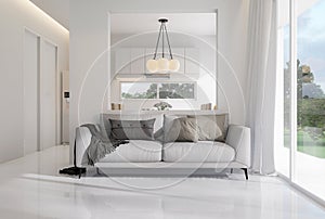 Minimal style small white living room overlooking dining room and kitchen behind 3d render