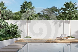 Minimal style swimmimg pool terrace with blank wall for copy space 3d render