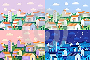 Minimal style town. Geometric minimalist city, daytime cityscape and night townscape flat vector illustration