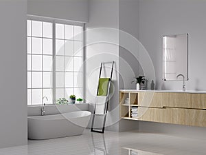 Minimal style white bathroom 3d render, white wall and ceramic floor, The room has large windows. 3d render