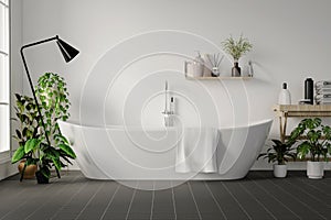 Minimal style white bathroom 3d render, white wall and ceramic floor, The room has large windows. 3d render