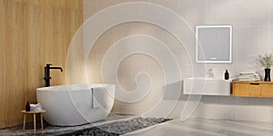 Minimal style white bathroom 3d render, wood wall and ceramic floor, The room has large windows. 3d render