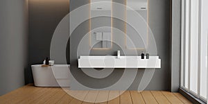 Minimal style white bathroom 3d render, grey wall and wood floor, The room has large windows. 3d render