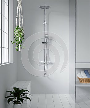 Minimal style white bathroom 3d render, white wall and ceramic floor, The room has large windows. 3d render