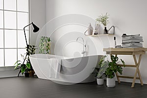 Minimal style white bathroom 3d render, white wall and ceramic floor, The room has large windows. 3d render