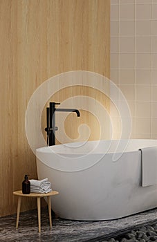 Minimal style white bathroom 3d render, wood wall and ceramic floor, The room has large windows. 3d render