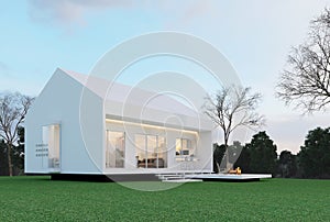 Minimal style white house exterior with clean green lawn 3d render
