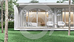 Minimal style white house exterior with empty green lawn 3d render