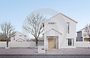 Minimal style white house exterior.Gable roof,glass window and wooden door with blue sky.