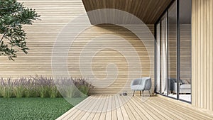 Minimal style wooden terrace with green lawn 3d render