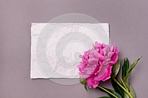 Minimal Styled Flat lay with Pink Peony flowers and white blank Mock up top view Horizontal