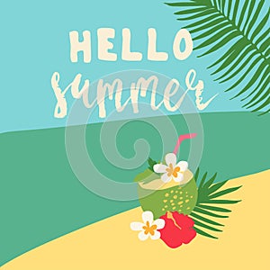 Minimal summer trendy vector illustration in scandinavian flat style. Exotic coconut cocktail with mint, flowers, straw