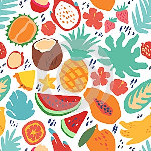 Minimal summer trendy vector tile seamless pattern in scandinavian style. Exotic fruit slice, palm leaf, hibiscus and