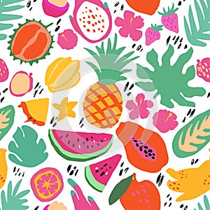 Minimal summer trendy vector tile seamless pattern in scandinavian style. Exotic fruit slice, palm leaf, hibiscus and