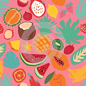 Minimal summer trendy vector tile seamless pattern in scandinavian style. Exotic fruit slice, palm leaf. Textile fabric