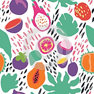 Minimal summer trendy vector tile seamless pattern in scandinavian style. Exotic fruit slice, plant leaf and abstract