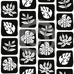 Minimal tropic leaves seamless pattern. Black and white geometric tropical foliage vector print