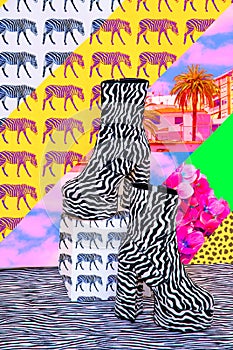 Minimal tropical art collage. Wallpaper. Beach summer texture and zebra stylish Boots. Still life fashion scene. Fashion and