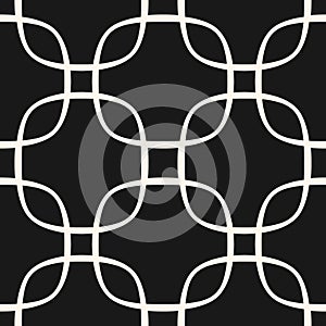 Minimal vector abstract geometric seamless pattern in oriental style. Simple black and white ornament with curved lines, grid, net