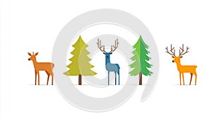 Minimal vector artwork of deer and evergreen trees with a clean design and vibrant colors, ideal for eco friendly projects and photo
