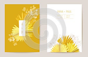 Minimal wedding invitation card template design. Tropical palm leaves, lunaria flowers illustration frame set