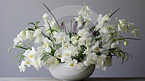 Minimal And Whimsical Iris And Lathyrus Arrangement In A Modern Ceramic Bowl