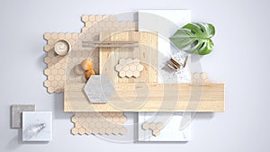 Minimal white background, copy space, marble slab, wooden planks, cutting board, mosaic tiles, plant leaf, cappuccino, cookies,