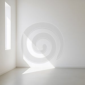 Minimal White Interior Room with Window Frame and Diagonal Natural Light Shadow