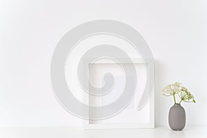 Minimal white square frame mock up with a Aegopodium in gray vase. Mockup for quote, promotion, headline, design