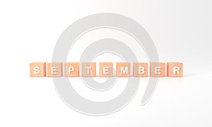Minimal white word September wooden cubes on white background. 3d rendering