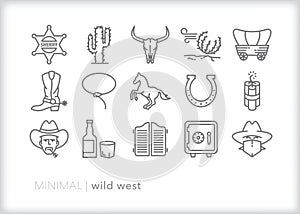 Wild west outline icons of cowboys and robbers in the American West photo