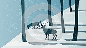 Minimal Winter Forest Scene with Stag Near a River