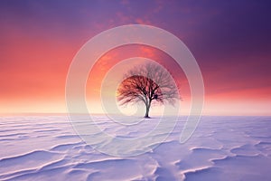 Minimal Winter landscape with lonely tree on a snow covered field at sunset