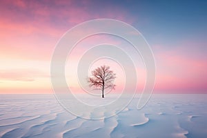 Minimal Winter landscape with lonely tree on the snowy field and pink sunset sky