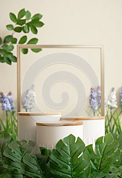 Minimal wood white podium with blurred green leaf plant on beige background.Beauty cosmetic natural mild product modern display,