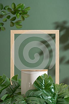 Minimal wood white podium with wooden frame blured monstera green leaf plant nature background.Beauty cosmetic natural product