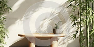 Minimal wooden pedestal side table podium green bamboo foliage in sunlight leaf shadow on white natural stone wall for luxury