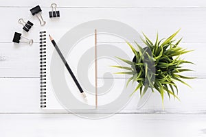 Minimal work space - Creative flat lay photo of workspace desk. Office desk background with notebooks and pens and plant.