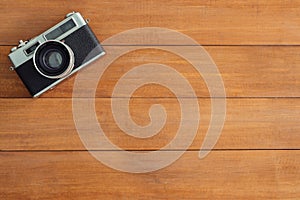 Minimal work space - Creative flat lay photo of workspace desk. Office desk wooden table with old camera.