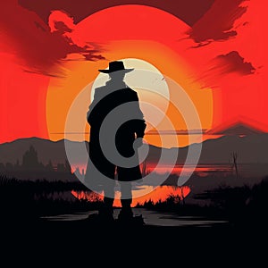 Minimalism, dark sunset, gunslinger, with cowboy - generative Ai illustration