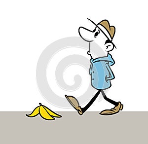 Minimalism illustration banana peel man unexpected trouble cartoon